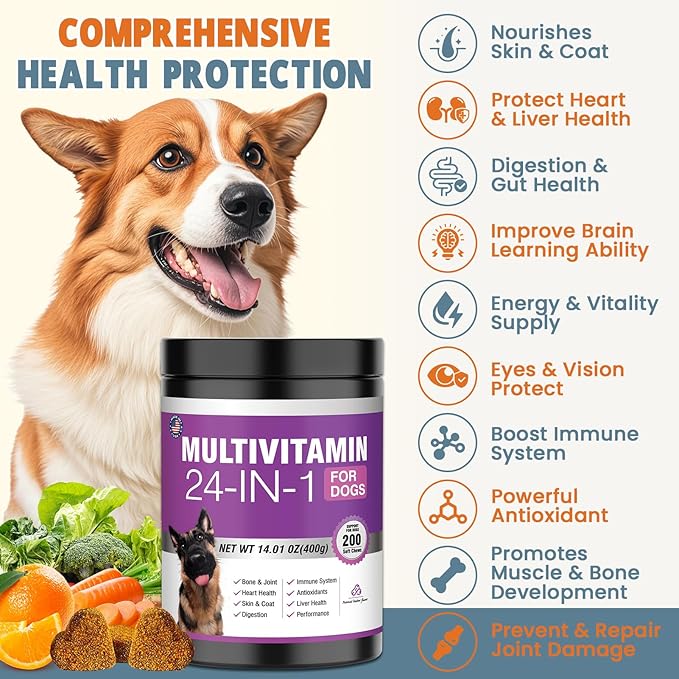 24-in-1 Dog Vitamins and Supplements 200 Ct Dogs Multivitamin Chewable Contain Chondroitin Probiotics Omega-3 Glucosamine for Dogs Skin Coat Heart Joint Gut Liver Brain Immune Support - Peanut Butter