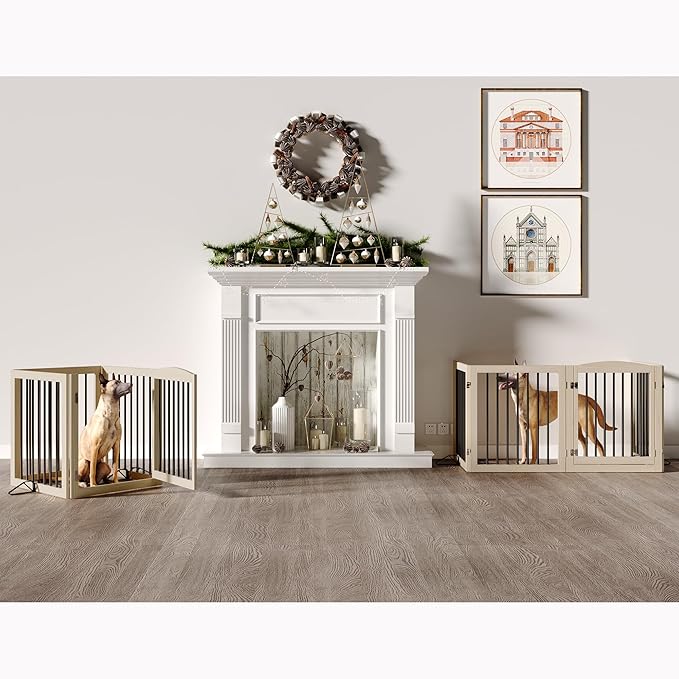 Vantas Folding Pet Gate 96" Wide, 30" Tall No-Assembly Wooden Dog Gate with Door Walk Through, Freestanding Pet Gate, Puppy Safety Fence, with 2PCS Support - Natural White