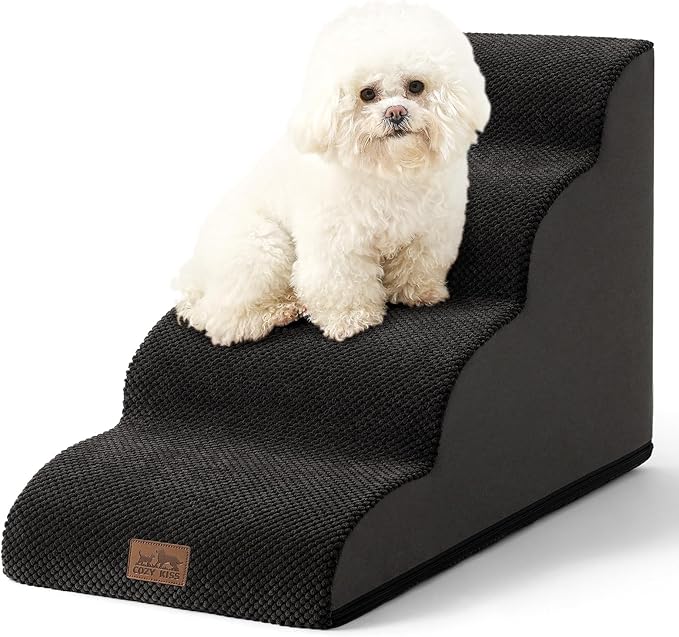 Dog Stairs for Small Dogs 19.7" H, Curved Dog Step for Puppy, Older or Cat, Medium Pet Ramp for Sofa, Couch or Bed, Ladder with High Density Foam, 4 Step, 15.7x28.3x19.7 inch, Black