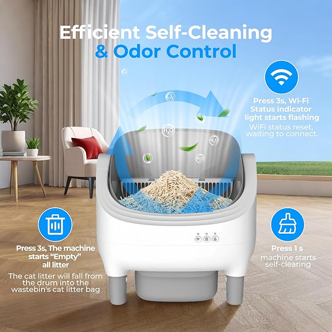 Automatic Litter Box, Open-Top Self Cleaning Litter Box for Kitten Cats, Electric Cat Box Self Cleaning with App Control, Smart Health Weight Monitor, Triple Safe Anti-Pinch