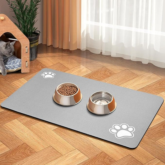 Pet Feeding Mat - Absorbent for Food and Water Bowl - Dog Accessories - Water Bowl for Messy Drinkers - No Stains Quick Dry Dispenser Mat (12"x19", Light Grey)