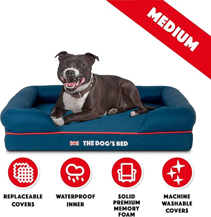 The Dog’s Bed Orthopedic Dog Bed Medium Blue Oxford with Red Trim UK Flag Dog Bed, Memory Foam, Pain Relief, Post Surgery, Lameness, Waterproof Washable Cover Cover