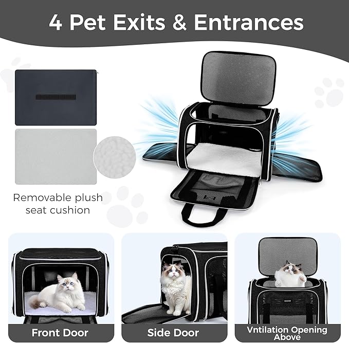 BAGLHER Pet Travel Carrier, Cat Carriers Dog Carrier for Small Medium Cats Dogs Puppies, Airline Approved Small Dog Carrier Soft Sided, Collapsible Puppy Carrier. Black