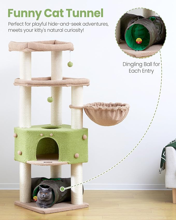 Cat Tree Tower for Indoor Cats Large Adult - Heavy Duty Extra Wide Scratching Post (φ4.4in) Maine Coon Condo House with Hammock Tunnel - 60 Inch XL Feline Bed Trees - Big Multi Level Cat Houses Stand