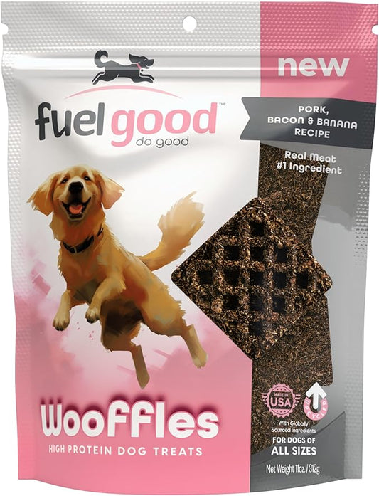 Wooffles High Protein Dog Treats - Pork, Bacon & Banana Recipe - 11oz Bag - High Protein Treats for Dogs, Made in The USA