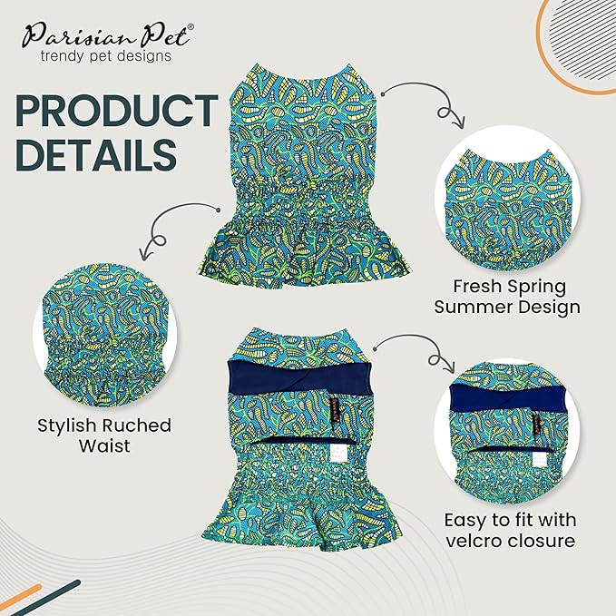 Parisian Pet Tribal Leaves Summer Dress - Ruched Waist Beach Outfit for Large Dogs - Lightweight Puppy Clothes - Girl L