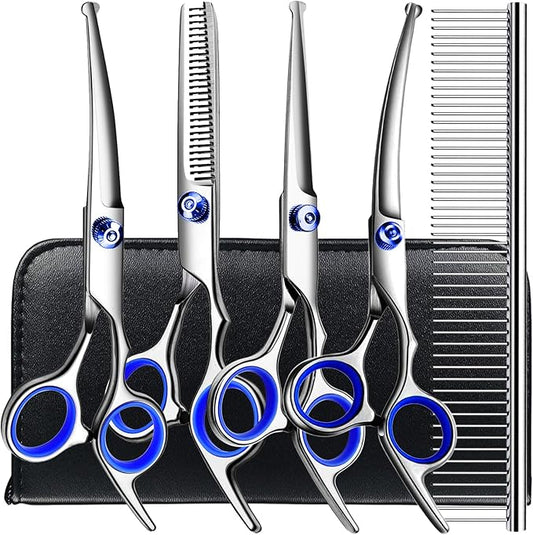 Professional 6 in1 Dog Grooming Scissors Kit, Titanium Coated Dog Scissors for Grooming, Grooming Shears Kit for Dogs Cat Pet At Home