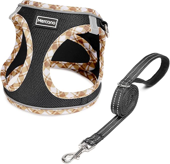 Mercano Soft Mesh Dog Harness and Leash Set, No-Chock Step-in Reflective Breathable Lightweight Easy Walk Vest Harnesses with Safety Buckle for Small Dogs, Cats (Black Yellow, XXS)