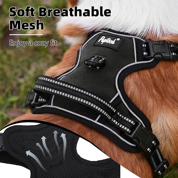 PUPTECK No Pull Dog Harness for Large, Adjustable Reflective Dog Harness with Handle Easy Control, Comfortable Soft Padded Pet Vest Harness for Large Dogs, Black L