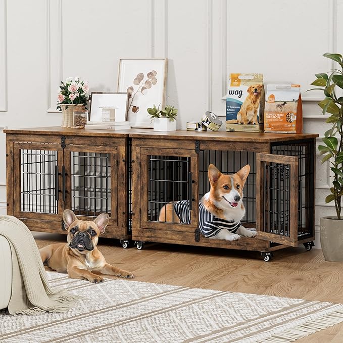Dog Crate Furniture with Cushion Set of 2, Wooden Dog Kennel Indoor with Wheels & Double Doors, Dog Cage Side End Table for Medium Small Dogs up to 45 lb, 32.5” L, Rustic Brown