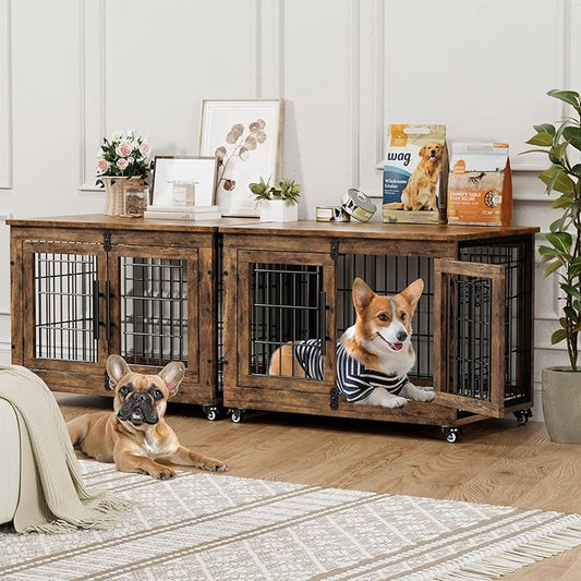 Dog Crate Furniture with Cushion Set of 2, Wooden Dog Kennel Indoor with Wheels & Double Doors, Dog Cage Side End Table for Medium Small Dogs up to 45 lb, 32.5” L, Rustic Brown
