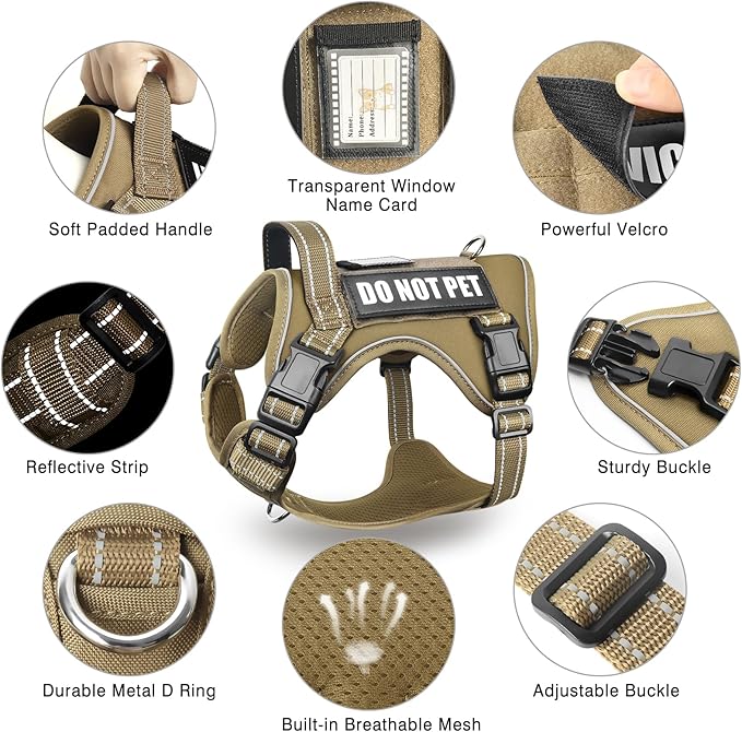 Tactical Dog Harness and Leash Set for Large Dogs,Heavy Duty No Pull Service Dog Vest and 10 Patches with Dog Seat Belt,Reflective Adjustable Pet Harness for Training Walking Hiking Brown XL