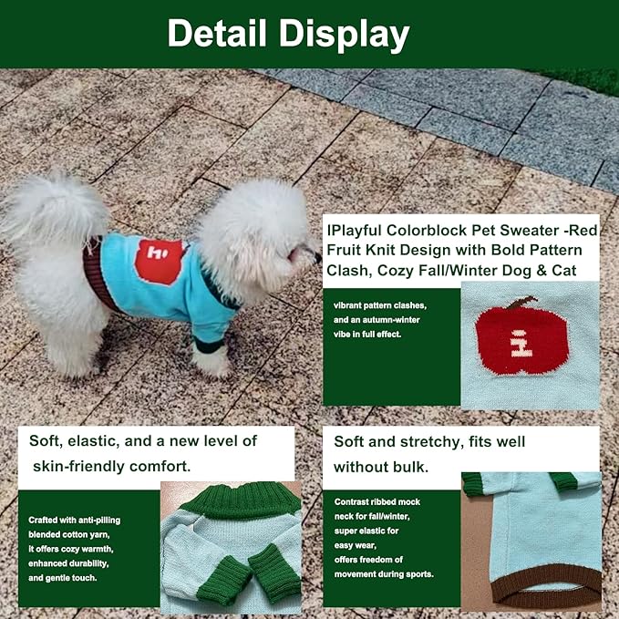 Fall/Winter Dog & Cat Sweater - Cozy Knit Pullover for Small Pets, Light Blue with Red Apple Print, Warm & Breathable for Indoors/Outdoors, Anti-Shedding, Soft Yarn (XS/S/M/L/XL) (X-Small)