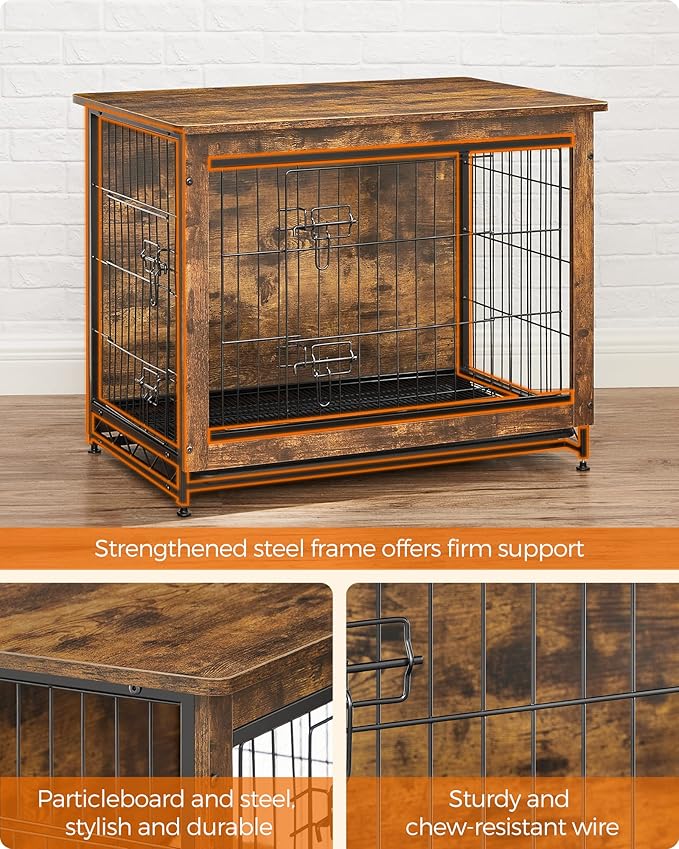 Feandrea Dog Crate Furniture, 32.5" Side End Table, Modern Kennel for Dogs Indoor up to 45 lb, Heavy-Duty Dog Cage with Multi-Purpose Removable Tray, Double-Door Dog House, Rustic Brown UPFC002X01