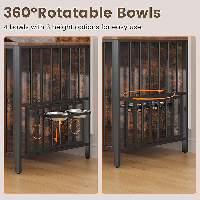 BOINN 78 Inch Dog Crate, Large Dog Crate for 2 Dogs, Dog Kennel Indoor for Large/Medium Dogs with Top Access Door, XL Wooden Dog Cage with 360 Degree Rotatable Stainless Bowls, Heavy Duty Steel Frame