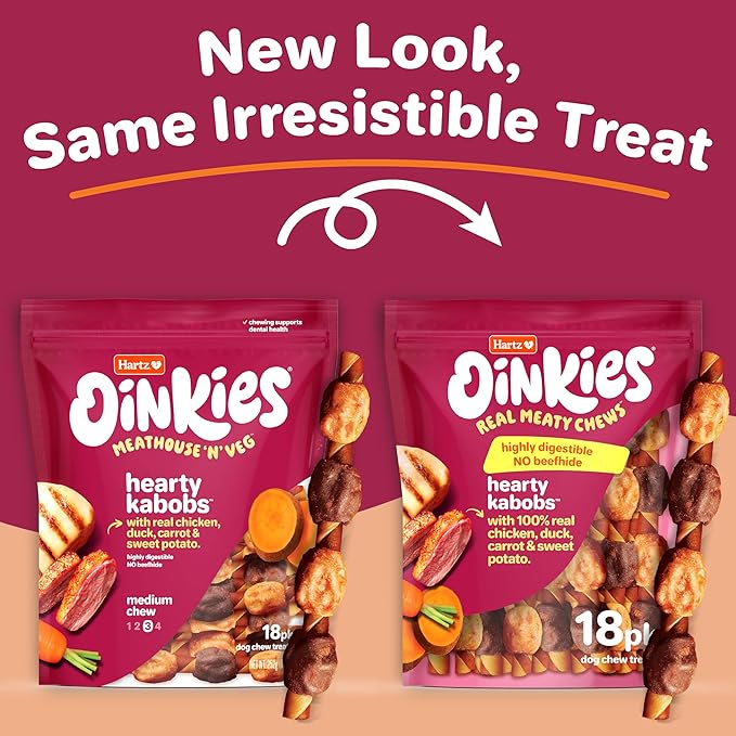 Hartz Oinkies Hearty Kabob Dog Treats with 100% Real Chicken, Duck, Sweet Potato & Carrot, Rawhide-Free, Natural Dog Treats, Highly Digestible Long Lasting Chews, 18 Count