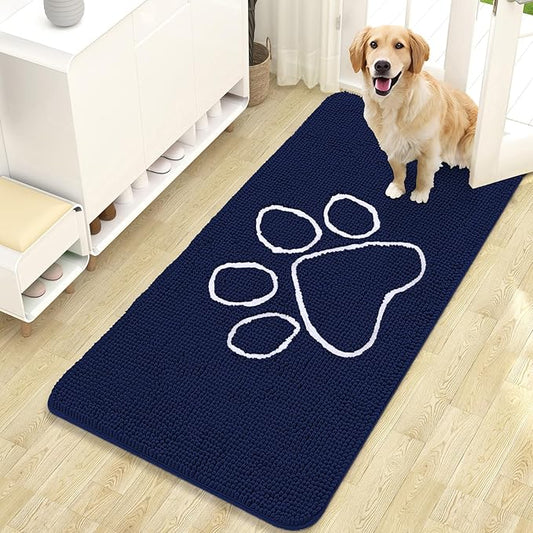 OLANLY Dog Door Mat for Muddy Paws 47x24, Paw Print Design, Absorbs Moisture and Dirt, Absorbent Non-Slip Washable Doormat, Quick Dry Chenille Mud Mat for Dogs, Entry Indoor Entryway Carpet, Navy Blue