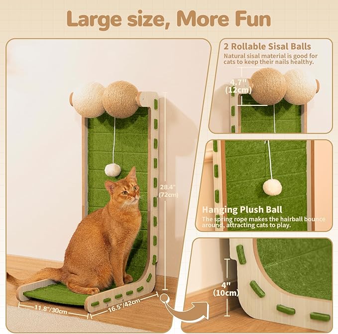 Cat Scratcher Felt Cat Scratch Pad for Cats with Sisal Balls Cat Scratching Board Large Scratchers for Indoor Adult Cat Scratching Furniture Protector Post Toy L Shape 28.4 Inch Green