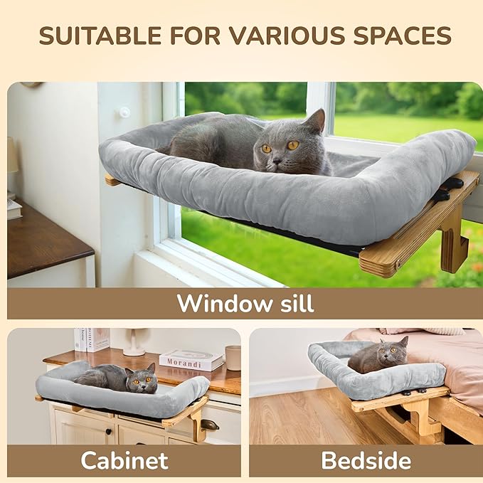 45LBS Capacity Cat Window Perch with Bolster, Hammock Seat with Plywood & Metal Frame, Cat Window Bed for Indoor Cats & Kitten, Extra Cood Pad (Natural Wood & Gray Cushion, 24.8''W x 9.4''H)