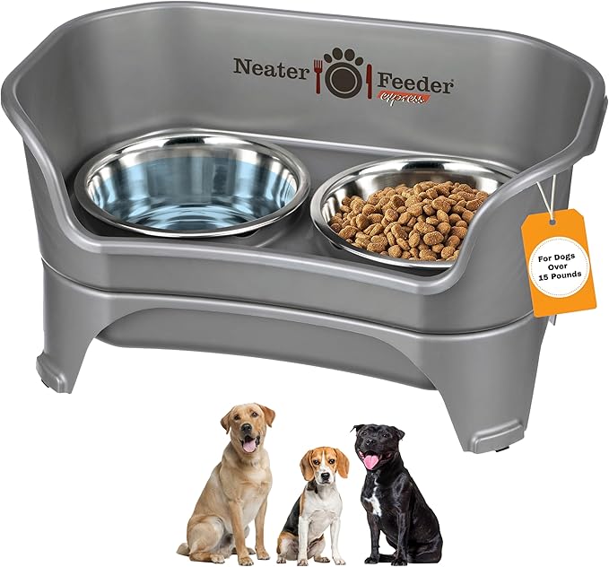 Neater Feeder Express Mess Proof Dog Bowls Elevated for Medium to Large Sized Breed, No Spill Raised Dog Food Bowl Stand, Stainless Steel Food and Water Bowl Set, Pet Dish Feeding Station, Grey