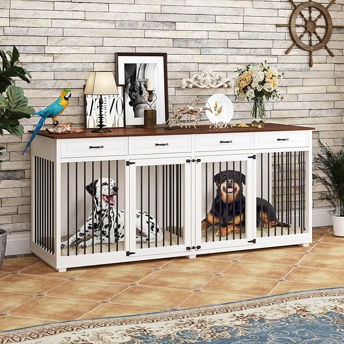 Extra Large Dog Crate, 86.6" Heavy Duty Wooden Dog Cage Furniture Dog Crate Kennel with Drawers & Removable Divider,Indoor Luxury Dog House with Double Rooms for XL L Breed Dogs, White