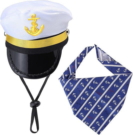 Yewong Pet Captain Sailors Costume Set Dog Cat Sea Captain Hat with Pet Anchor Triangle Bibs Scarf for Cat Puppy Navy Halloween Cosplay Costume Accessories Photo Props (White-C)