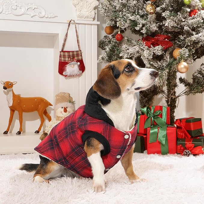 Fleece Lining Dog Hoodie for Medium Dogs Extra Warm Plaid Sweater with Drawstring Hooded Coats in Winter Doggie Jacket,Red XL