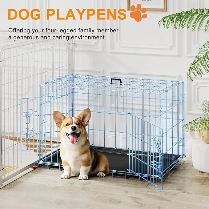 FDW 30inch Dog Crate Pet Cage with Metal Folding Design Plastic Tray Indoor Outdoor Dog Kennel Cage for Small and Medium Dogs,Blue