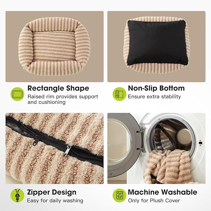 MIXJOY Dog Bed Large Size, Washable Large Dog Beds with Removable Cover, Rectangle Pet Beds for Big Dogs, Soft Warming Calming Pet Bed with Non-Slip Bottom, 36"x27"x8", Beige