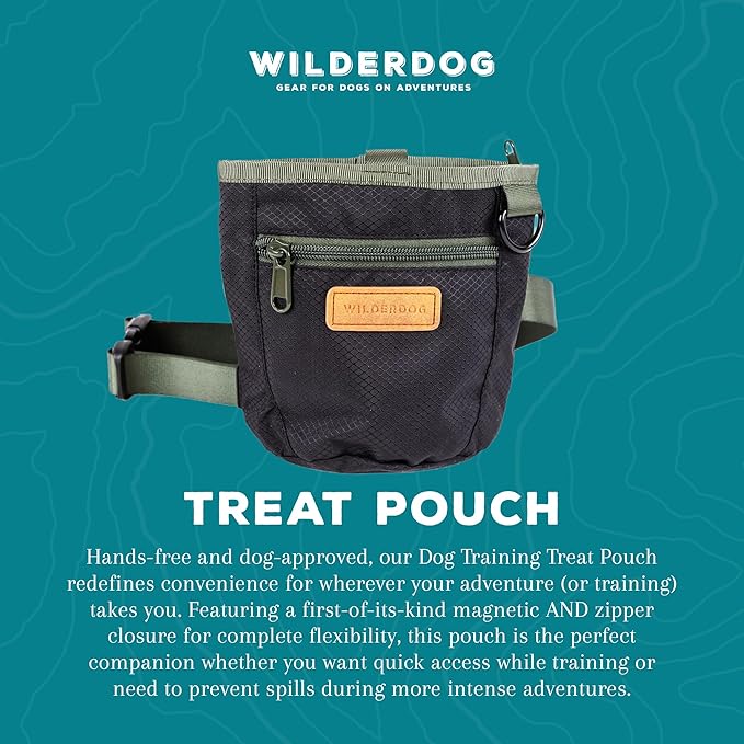 Wilderdog Dog Training Treat Pouch with Magnetic and Zipper Closure, Carabiner Attached, Adjustable Waist Strap - Black