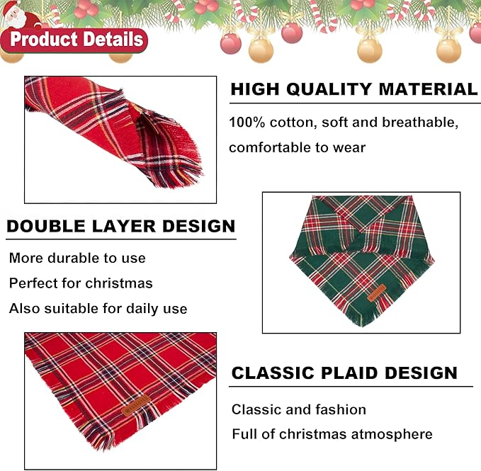 ADOGGYGO Christmas Dog Bandanas with Tassels, Stylish Red Green Plaid Dog Scarf Bib, Multiple Sizes, Pet Christmas Bandanas for Small Dogs Puppies (Small)