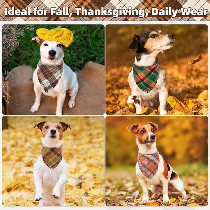 KOOLTAIL Thanksgiving Fall Dog Bandanas 4 Pack - Soft Breathable Washable Plaid Pet Scarf Bibs Kerchief, Dog Autumn Costume, Holiday Triangle Towel for Girl Boy Small Medium Large Dogs Cats, Orange L