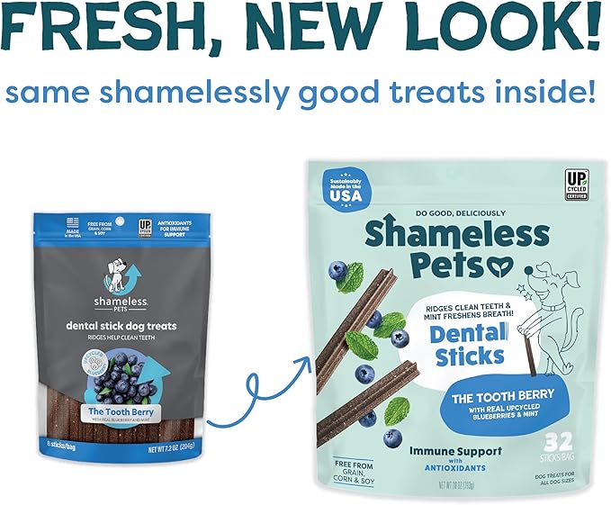 Shameless Pets Toothberry Dental Chews for Dogs – Natural Dog Dental Sticks for Fresh Breath, Teeth Cleaning & Removes Tartar, Grain-Free Dog Treats, No Corn or Soy, 32 Sticks