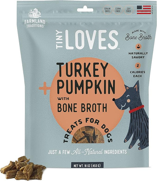 Farmland Traditions Tiny Loves Jerky Trainer Treats for Dogs w/Bone Broth (Turkey & Pumpkin, 16 oz.)