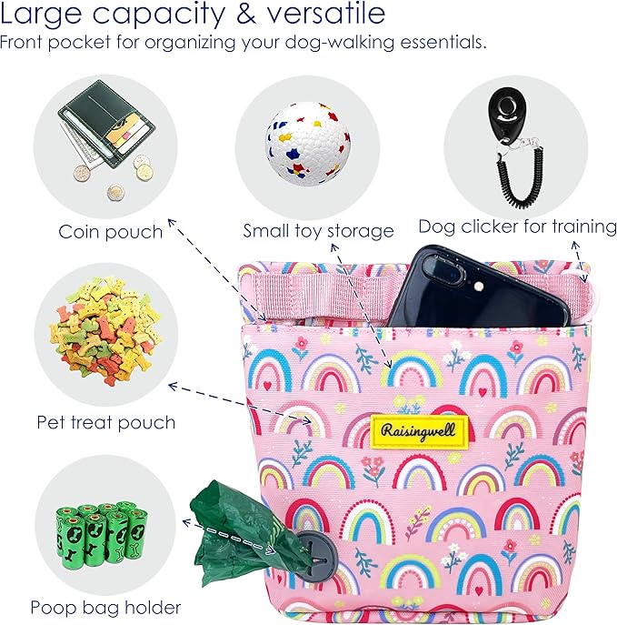 Dog Treat Pouch for Pet Walking and Training with Clicker 2 Cup Silicone Bag Small Fanny Pack Holder for Puppy Snack Dispenser Kit for Leash and Outdoor Use (Rainbow)