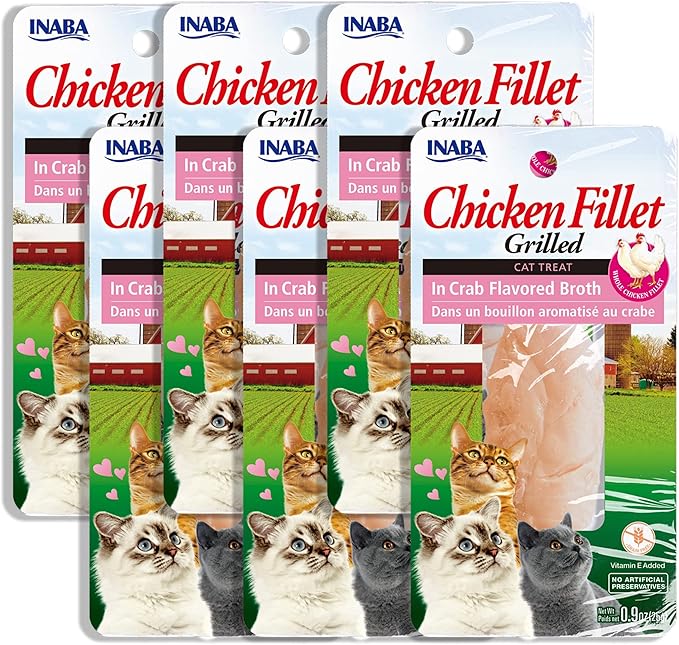 INABA Premium Hand-Cut Grilled Chicken Fillet Cat Treats/Topper with Vitamin E and Green Tea Extract, 0.9 Ounces Each, Pack of 6, Crab Broth