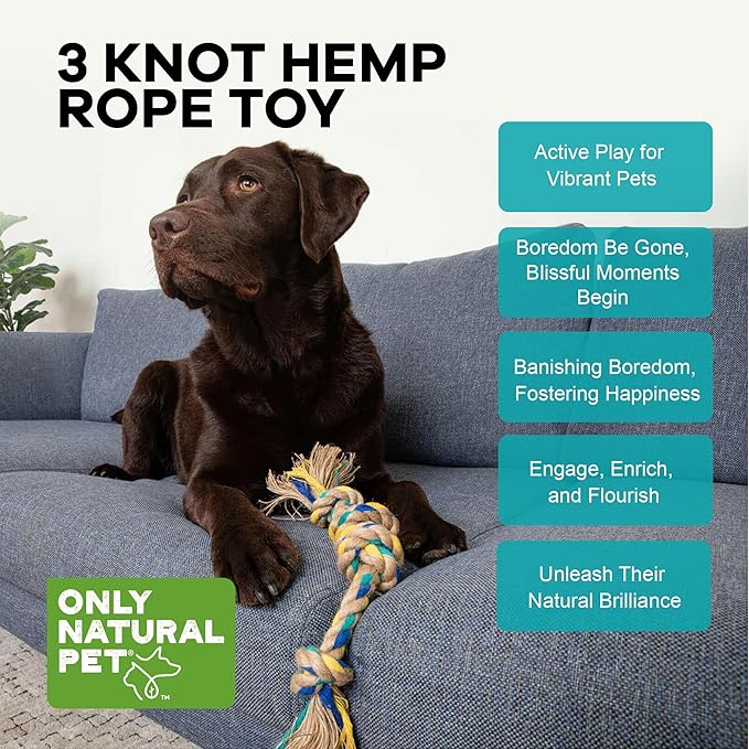 Only Natural Pet Hemp and Recycled Cotton Tug & Fetch Dog Toy - Interactive Chew Rope With Knots - Eco-Friendly, Engaging, Durable Braid | 3 Knot, 15" x 3"