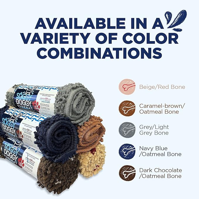 Soggy Doggy Slopmat - Water Absorbing Door Mat for Food and Water - Microfiber Chenille Rug for Muddy Paws and Messy Eaters - Machine Washable (Navy Blue/Oatmeal Bone, 18” x 24″)