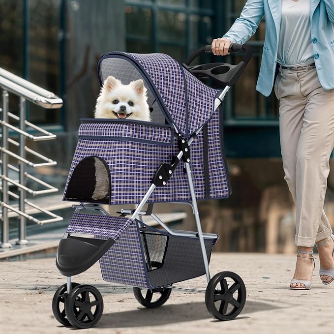 Magshion 3-Wheel Pet Stroller, Foldable Travel Jogger for Small & Medium Dogs & Cats (Up to 33lbs), Lightweight Carrier with Breathable Mesh Cover, Cup Holder & Storage Basket, Plaid