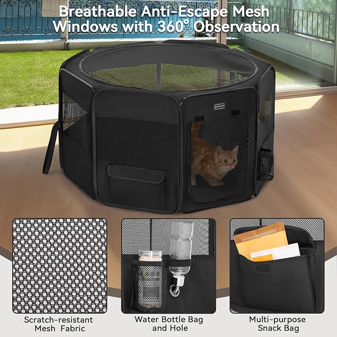 PETSFIT Portable Dog Playpen,36" Dog Play Pen Indoors with Removable Waterproof Mat & Zippered Roof | RV, Camping, Travel Dog Pen | Whelping & Cat Observation Space(36" L x 36" W x 21" H)