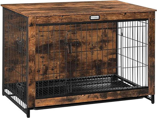 HOOBRO Dog Crate Furniture, 38.6" Large Dog Kennel Indoor, Wooden Cage with Pull-Out Tray, Double Doors Pet House Side End Table for Large/Medium/Small Dogs, Rustic Brown BF982GW03G1