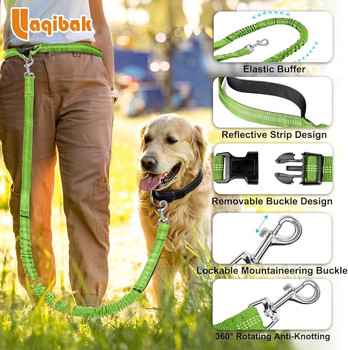 Hands Free Dog Leash, Adjustable Waist Leash for Dog Walking, Dual Bungee Dog 4.2-6.7 Feet Long with Reflective Stitches for Walking Hiking Running, Fits 26"- 43" Inch Waist, Green