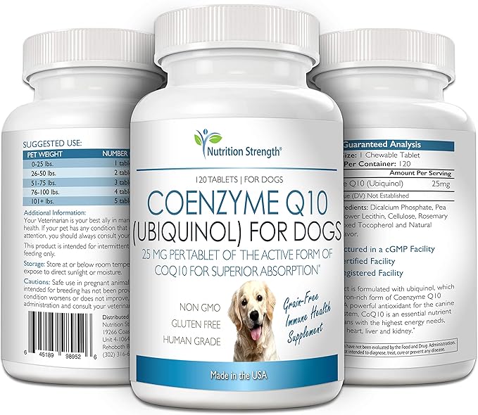 Coenzyme Q10 for Dogs Grain-Free Supplement, Ubiquinol - The Electron-Rich Form of CoQ10, Promotes Heart Health, Cognitive and Energy Support for Dogs, 120 Chewable Tablets