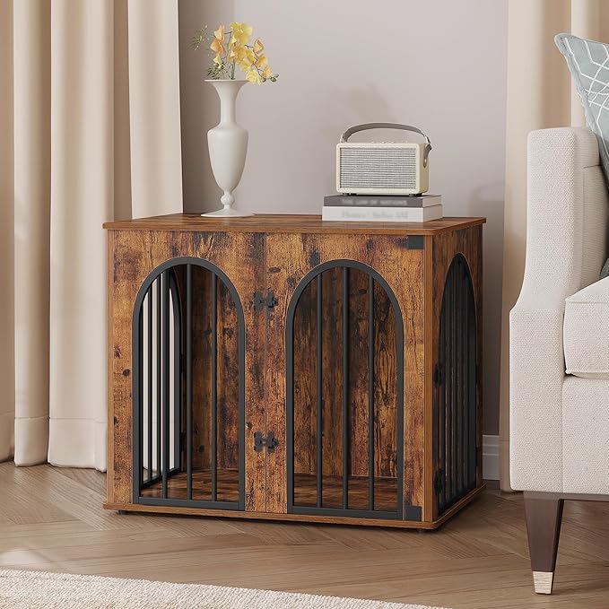 26.8'' Wooden Dog Crate Furniture, Indoor Dog Kennel Dogs Cage for Small Dogs, Heavy Duty Dog Crates Decorative Pet House End Side Table TV Stand, Rustic Brown DFC85501B