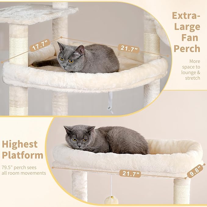 Heybly Tall Cat Tree for Large Cat, 80-inch Multi-Level Cat Tower for Indoor Cats with Large Baseboard, Condo Furniture with 2 Widened Plush Perches,Scratching Board and Big Caves, Beige HCT038M