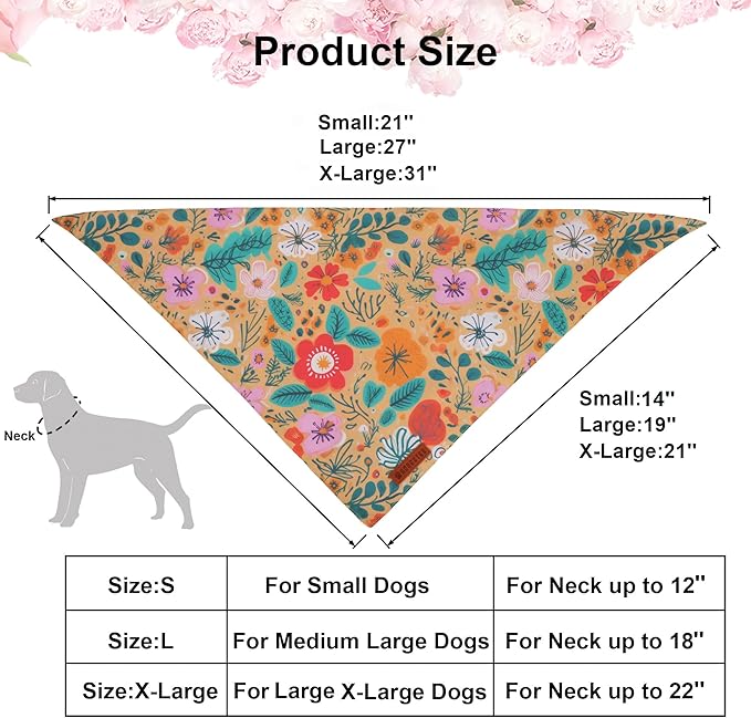 ADOGGYGO Floral Dog Bandana, Orange Green Flower Pet Scarf, Adjustable Fit Floral Bandanas for Medium Large Dogs Pets (Large)