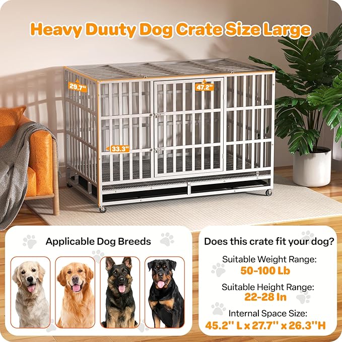 Heavy Duty Indestructible Dog Crate 48 Inch with Removable Tray, Sizes & Colors Optional, Escape Proof Double Door High Anxiety Cage Indoor, Kennel with Wheels for Large Dogs, XL XXL XXL