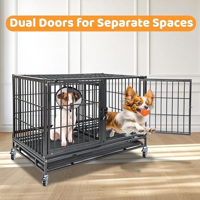 Homey Pet 43 Inch Dog Crate, Heavy Duty Stackable Dog Crate Cage Kennel for Medium Dogs with Divider, Bowls, 3 Door, Removable Grid & Tray, 4 Lockable Wheels, Breeding & Grooming Drop Cages for Dogs