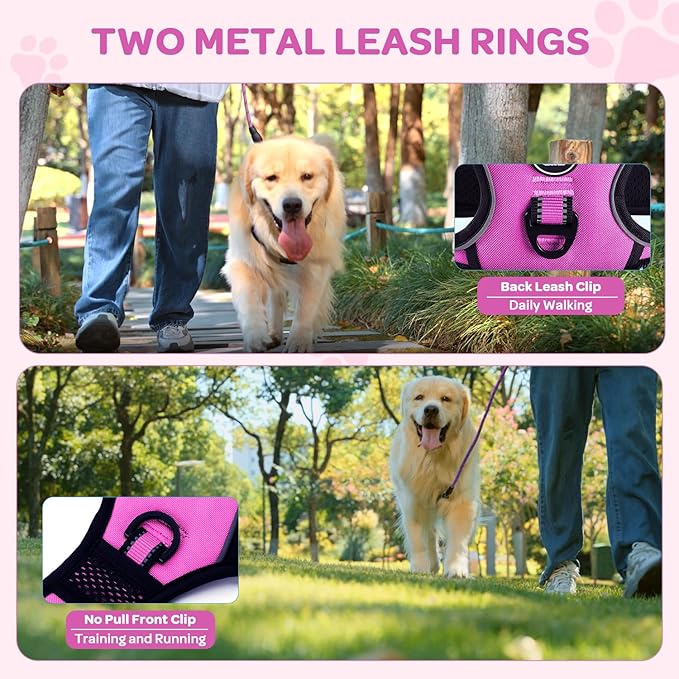 FURRYFECTION Dog Harness | No Pull Dog Harness | Reflective Oxford | Padded Handle | 4 Adjustable Straps | 2 Leash Clips | No Choke Pet Vest Harness for Small Medium Large Dogs | Rose | L