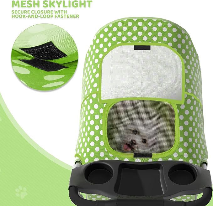 Magshion 3-Wheel Pet Stroller, Foldable Travel Jogger for Small & Medium Dogs & Cats (Up to 33lbs), Lightweight Carrier with Breathable Mesh Cover, Cup Holder & Storage Basket, Lawn Green Polka Dots
